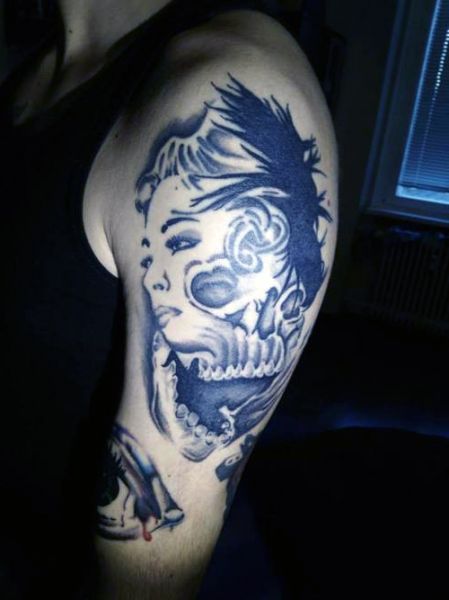 skull tattoo and woman face