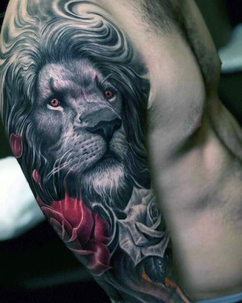 realistic tattoo lion and roses