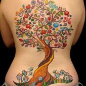 colorful tree back tattoo