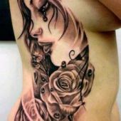 woman side tattoo face and rose