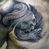 skull and snake tattoo on chest