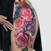 colorful roses women hip tattoo