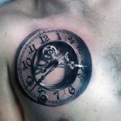 realistic clock mens tattoo on chest