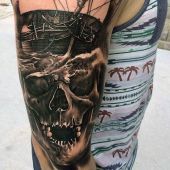 3d skull with ship tattoo