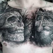 knight face and skull chest tattoo