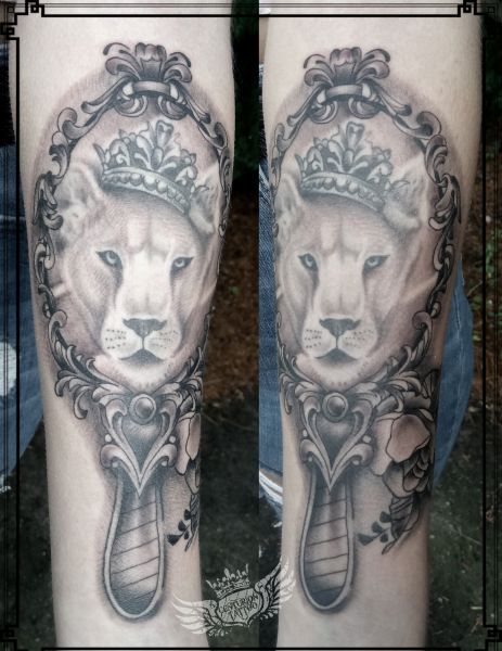 vintage mirror lioness tattoo