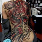 3d bird woman back tattoo